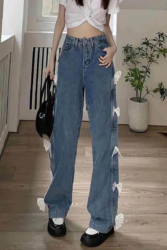 KittenAlarm - High Waist Cute Lace Bow Long Jeans Pants Confident Women's Power