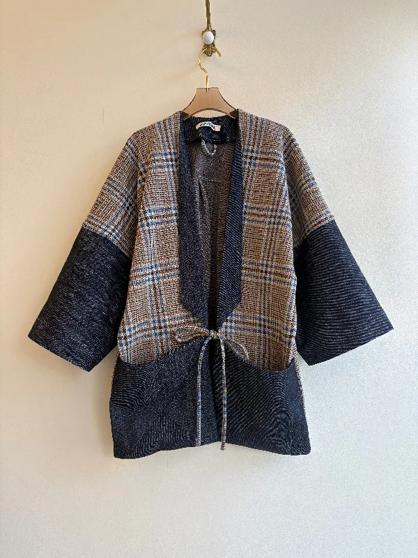 Brown/Blue Plaid & Denim Chore Jacket Polished Women's Silk