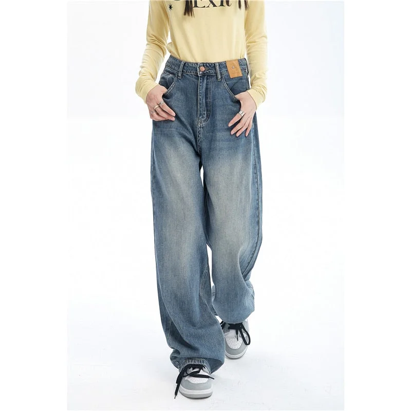 KittenAlarm - Women Blue Jeans Contrasting Colors High Waist American Street Wide Leg Pants Fashion Baggy Vintage Straight Autumn New Trousers Monochromatic All - in - one KittenAlarm - Women Blue Jeans Contrasting Colors High Waist American Street Wide Leg Pants Fashion Baggy Vintage Straight Autumn New Trousers Monochromatic All - in - one