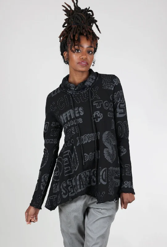 French Terry Drawstring Funnel Top, Black Shiny Print Practical Women's Quick - dry