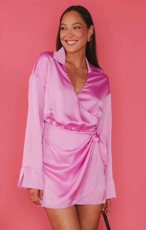 Clara Collared Mini Dress ~ Purple Pink Luxe Satin Business