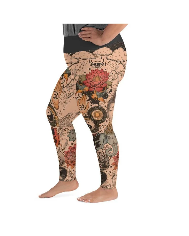 Tattooed Lotus Plus Size Leggings Streetwear Style for 
