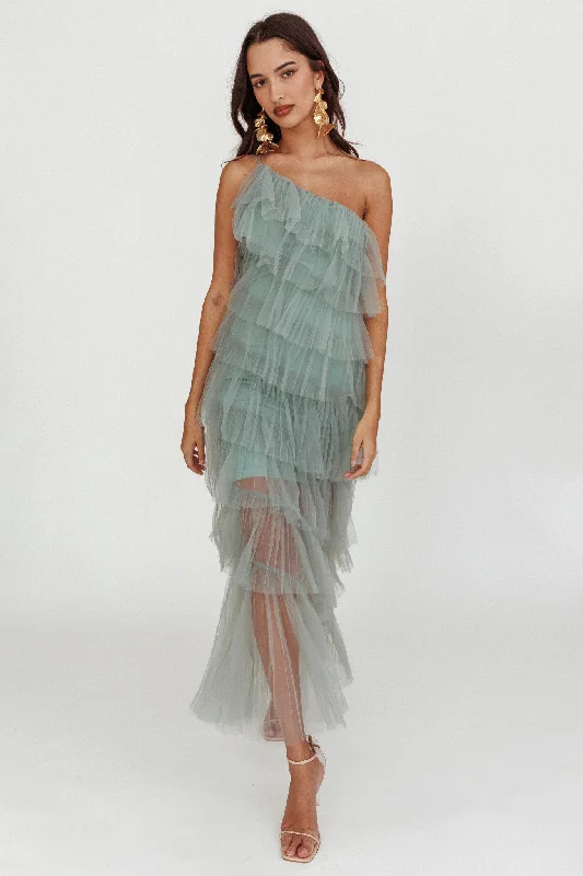 Arrabel Tiered Ruffle Tulle Maxi Dress Sage Classic Women's Tweed