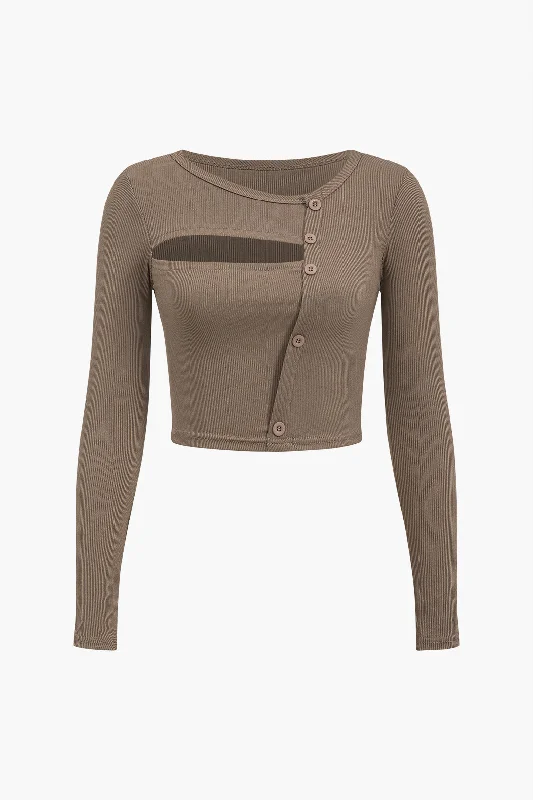 Asymmetry Cut Out Button Long-Sleeve Top Elegant Women's Formal 