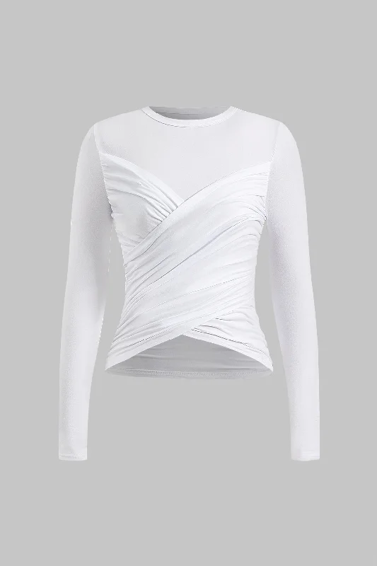 Pleated Crossed Round Neck Long-Sleeve Top Trendy Women's 