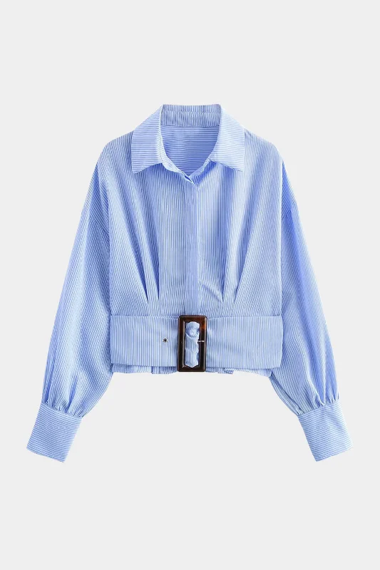 Stripes Pleated Belted Long-Sleeve Shirt Traditional Women's 