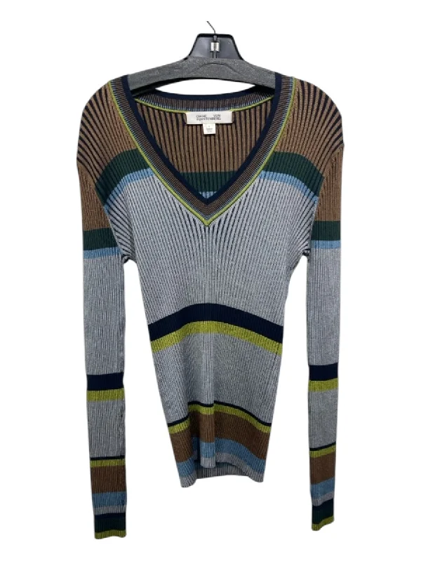 Diane Von Furstenberg Size L Navy, Green, Gray, Brown Viscose & Rayon V Neck Top Casual Women's Japanese 
