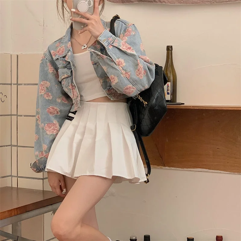 KittenAlarm - Rose Pattern Loose Short Jeans Jacket Athletic Women's 