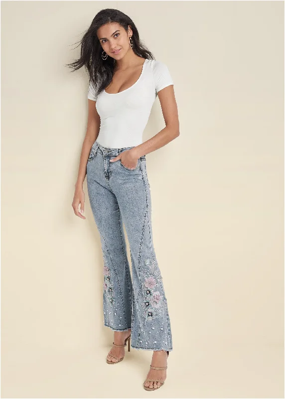 Floral Applique Jeans - Light Wash Practical Women's Quick - dry