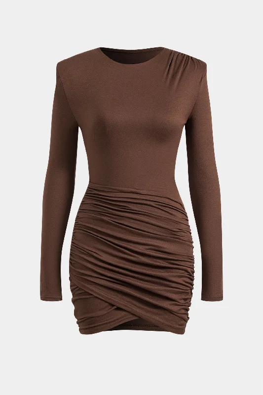Ruched Crossed Round Neck Long Sleeve Mini Dress Dynamic Women's Moto