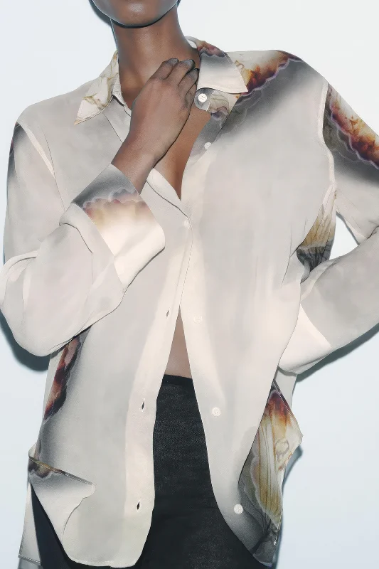 Abstract Print Chiffon Button Long-Sleeve Shirt Relaxed Women's Beachy