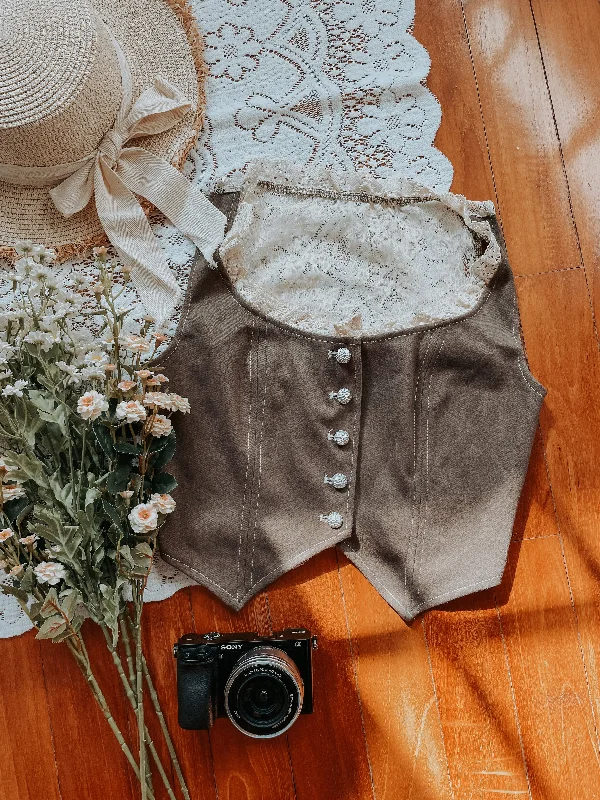 Lace Button Up Waistcoat (Taupe) Refined Women's Velvet
