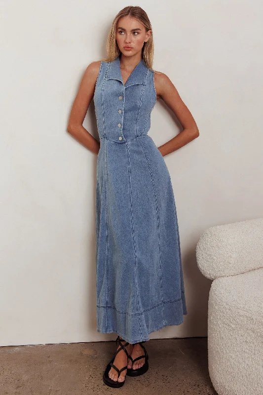 Entertain Me Sleeveless A-Line Maxi Dress Denim Blue Bold Women's Statement