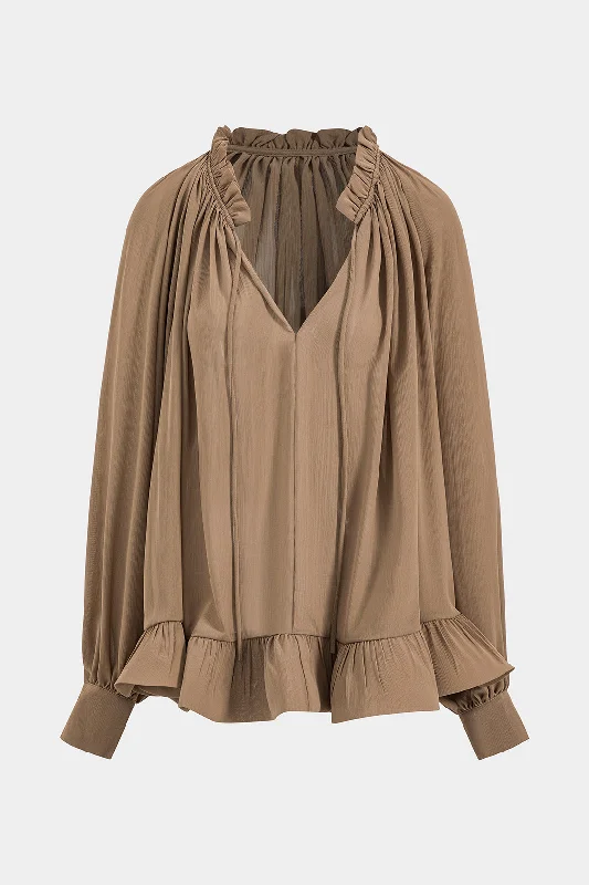 Chiffon Pleated Drawstring Bead Ruffle Long-Sleeve Shirt Traditional Women's Wool