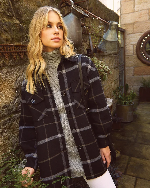 River's Edge Plaid Shacket - Black Plaid Elegant Women's Formal 