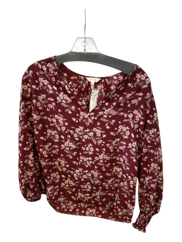 Rebecca Taylor Size 4 Maroon & Cream Silk Long Sleeve Flowers Top Refined Women's Hand - crafted Rebecca Taylor Size 4 Maroon & Cream Silk Long Sleeve Flowers Top Refined Women's Hand - crafted