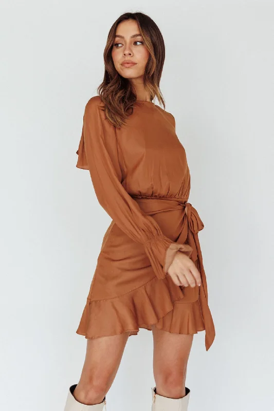 Darla Long Sleeve Satin Dress Tan Luxurious Women's High -  end