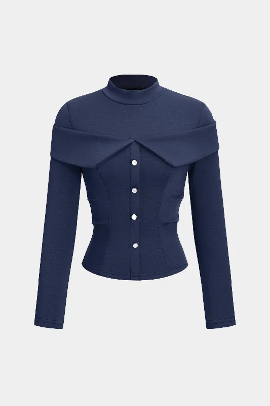 Ruched Button Mock Neck Long-Sleeve Top Sophisticated Women's 