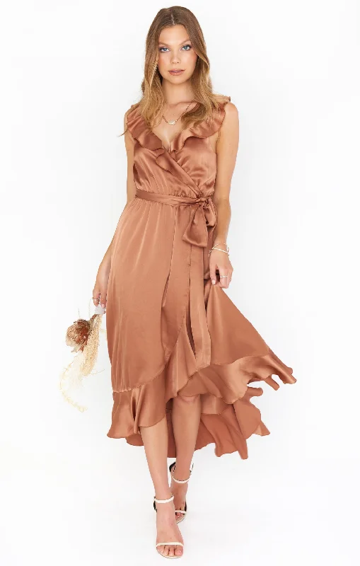 Samantha Ruffle Wrap Dress ~ Copper Luxe Satin Athletic Women's 
