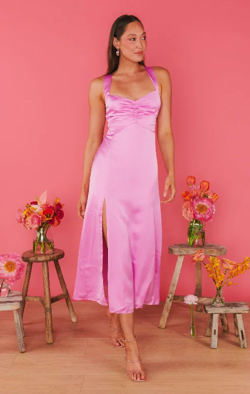Mina Midi Dress ~ Purple Pink Luxe Satin Refined Women's Velvet