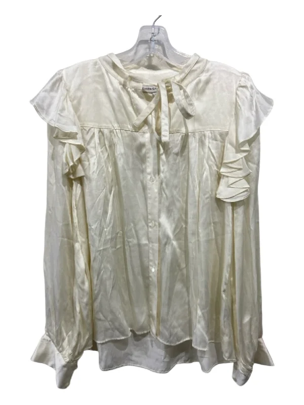 Karina Grimaldi Size S Cream Silk & Viscose Button Up Ruffle Shoulder Detail Top Laid - back Women's Style
