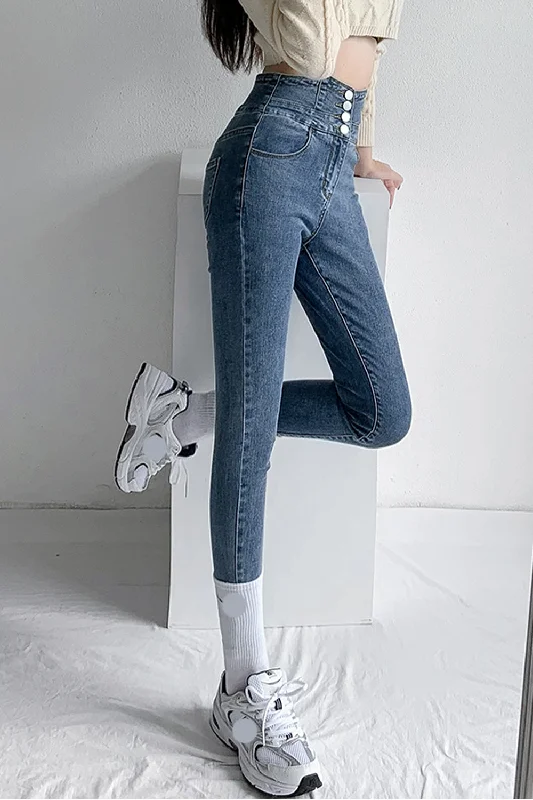 KittenAlarm - High Waist 3 Buttons Skinny Jeans Pants Athletic Women's 
