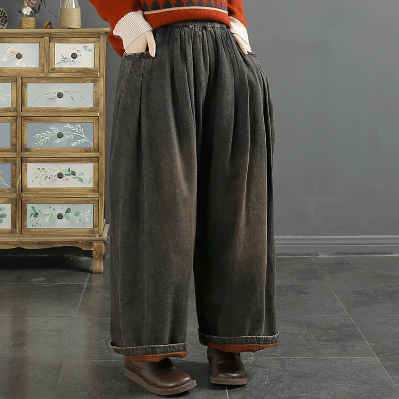 Winter Loose Retro Cotton Furred Jeans Dapper Women's 1920S