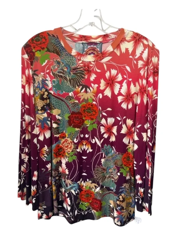 Johnny Was Size M Purple & Orange print Rayon Scoop Neck Long Sleeve Floral Top Laid - back Women's Style