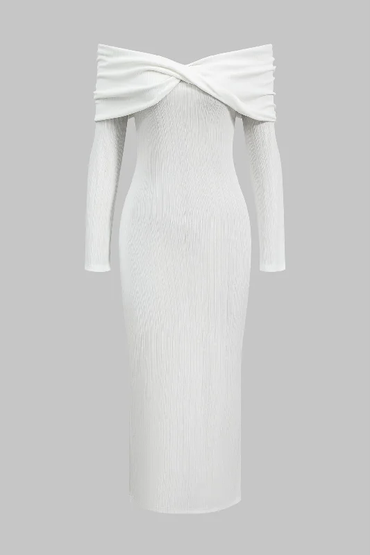 Off Shoulder Cross Ruched Long Sleeve Maxi Dress Vacation