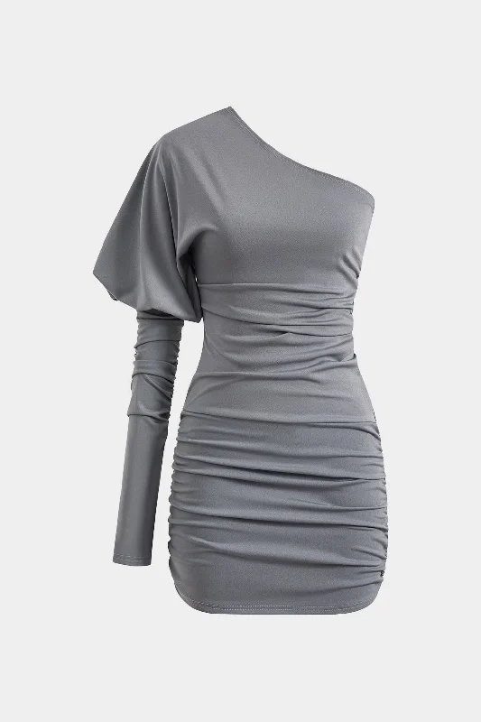 Ruched One Shoulder Long Sleeve Mini Dress Sustainable Organic