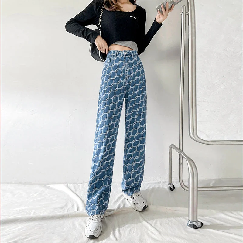 KittenAlarm - High Waist Ropes Pattern Long Jeans Pants Modern Women's Tech