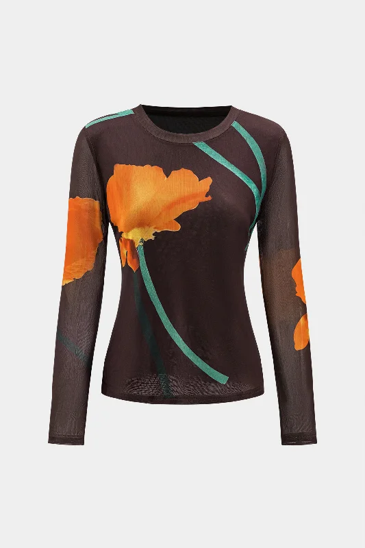 Floral Print Mesh Round Neck Long-Sleeve Top Relaxed Women's 