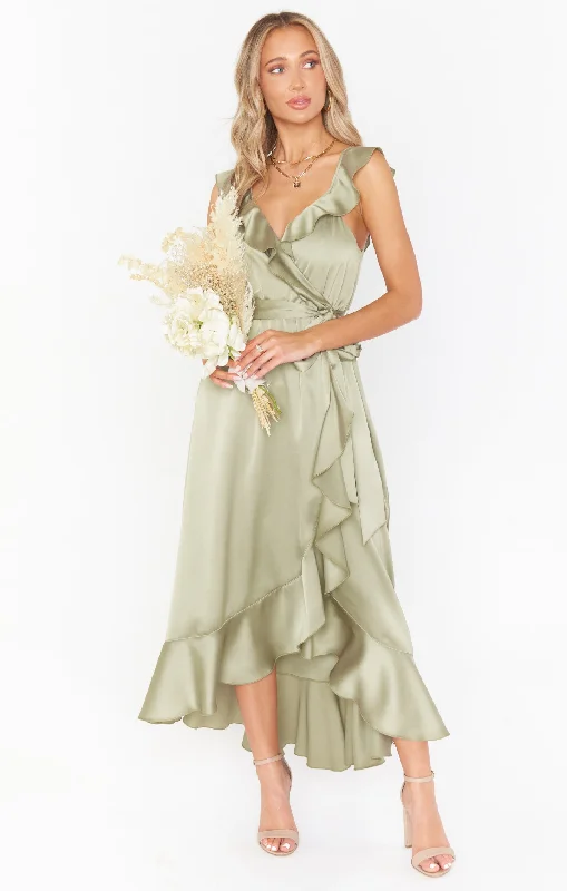 Samantha Ruffle Wrap Dress ~ Moss Green Luxe Satin Sophisticated Women's 