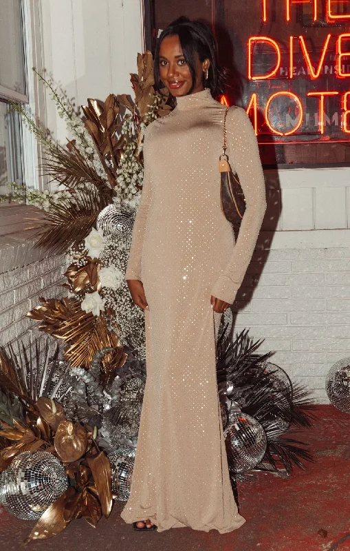 All Out Maxi Dress ~ Taupe Rhinestone Stretch Youthful Women's Pop