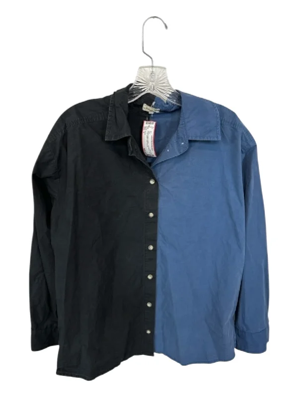 Donni Size S Black & Navy Cotton Long Sleeve color block Button Down Top Adventure