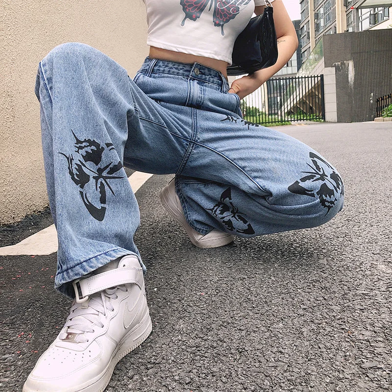 KittenAlarm - High Waist Wide Leg Butterfly Pattern Jeans Pants Stylish Women's Tropical 