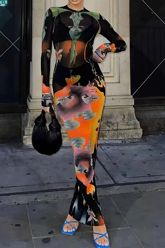 Abstract Print Long Sleeve Bodycon Midi Dress Classic Women's Tweed