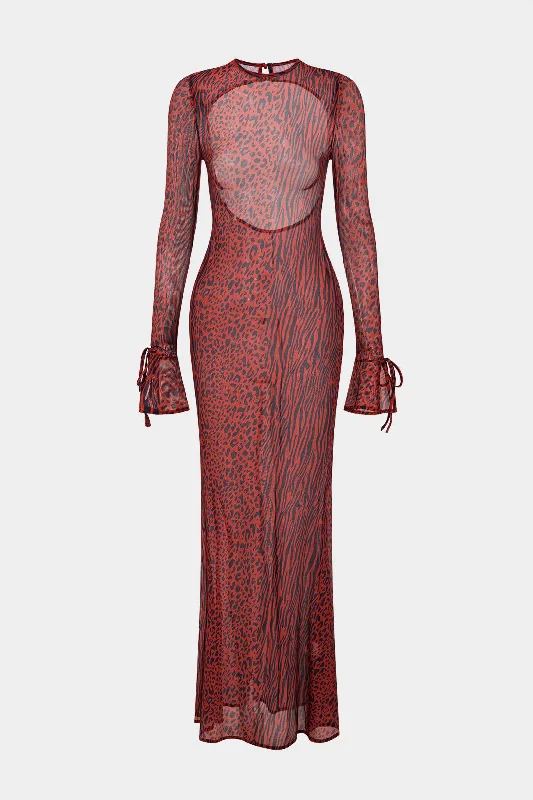 Leopard Print Mesh Backless Bell Sleeve Maxi Dress Street