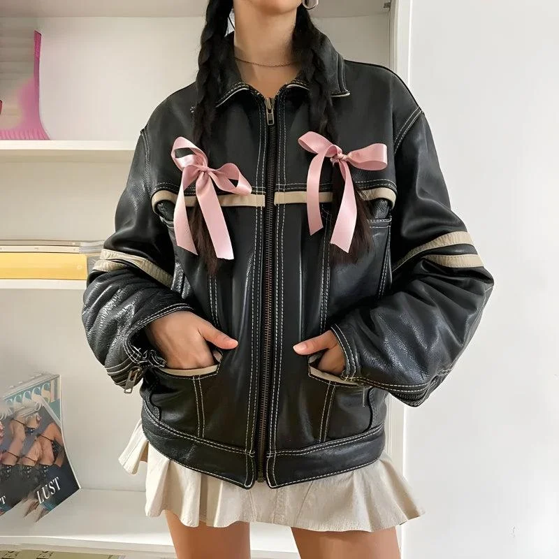 Vintage Grunge Biker Zip-Up Faux Leather Jacket Bold Women's Statement