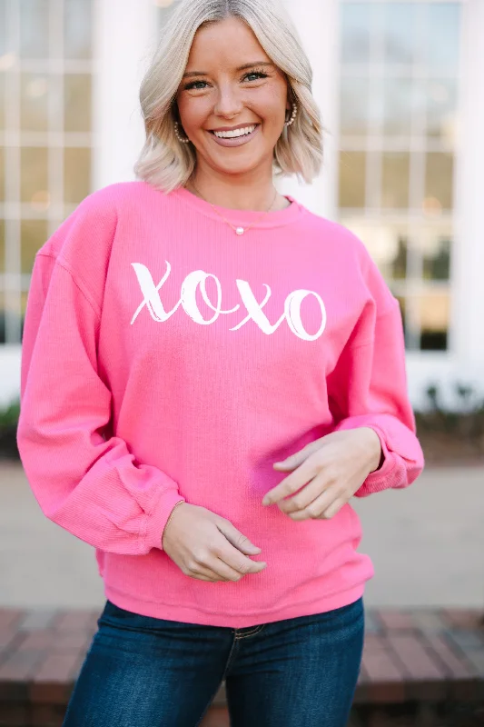 Hugs and Kisses Fuchsia Pink Graphic Corded Sweatshirt Refined Women's Velvet