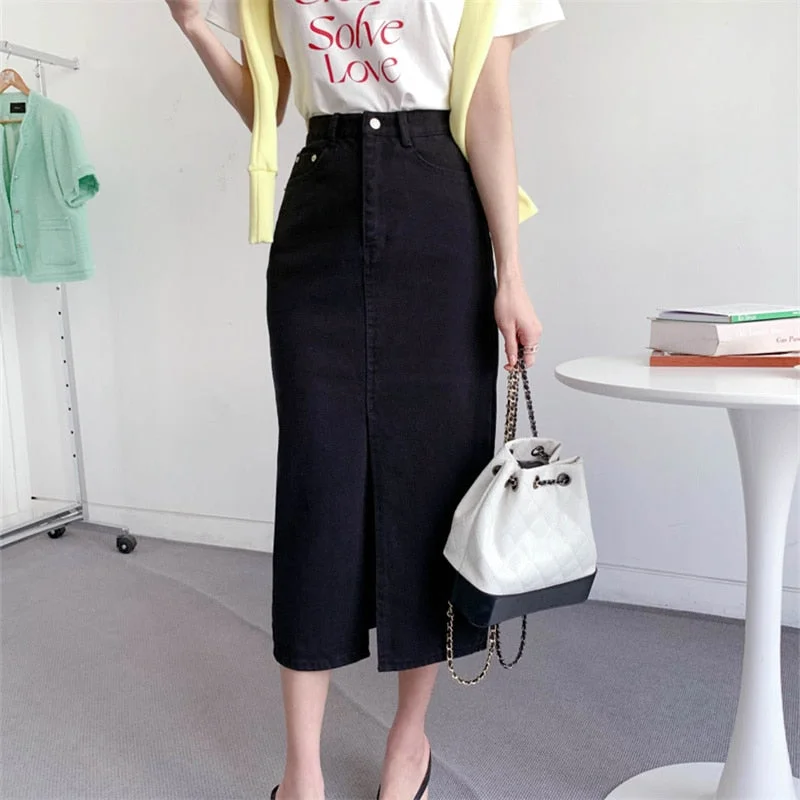 KittenAlarm - Split Jeans Skirt for Women 2024 New High Waisted Slim Korean Fashion Chic Pencil Skirt Vintage Casual Prink Midi Skirt Earthy Women's KittenAlarm - Split Jeans Skirt for Women 2024 New High Waisted Slim Korean Fashion Chic Pencil Skirt Vintage Casual Prink Midi Skirt Earthy Women's