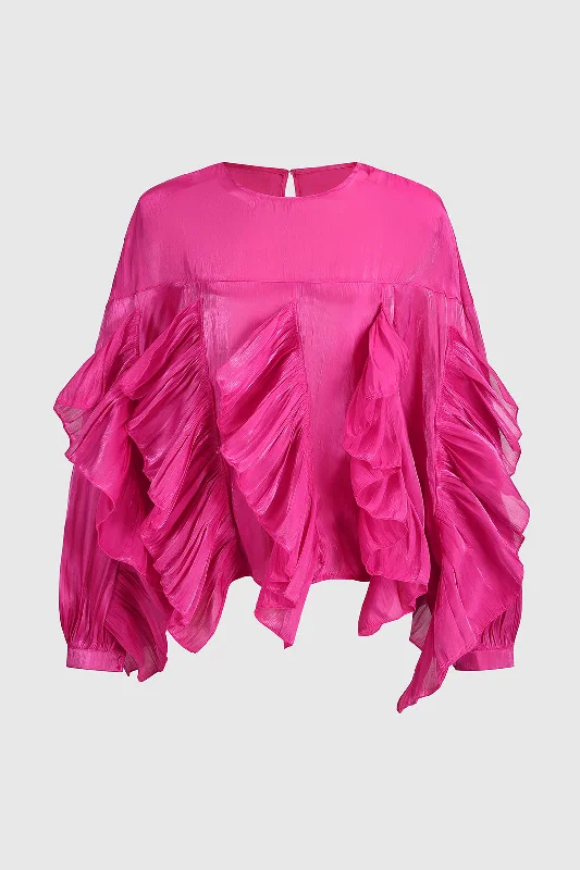 Chiffon Ruffle Bead Long-Sleeve Shirt Hip Women's Retro