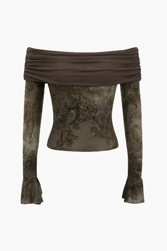 Retro Floral Bell Sleeve Long-Sleeve Top Business