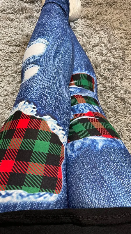 Christmas Plaid Patched Legging Casual Women's Japanese 