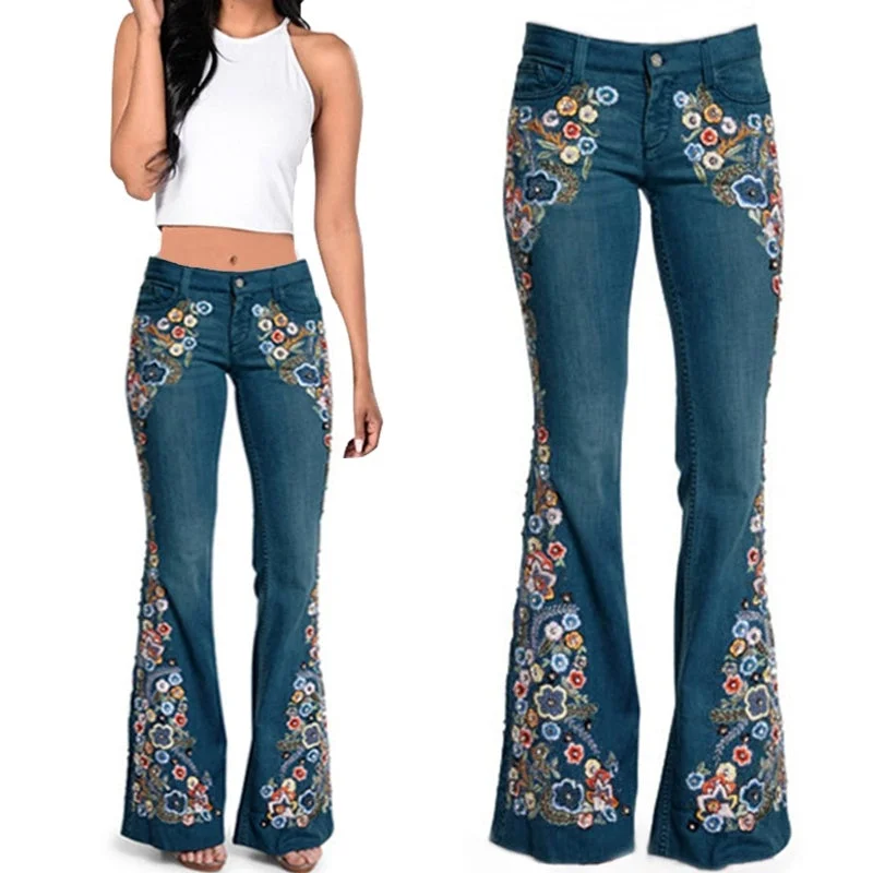 KittenAlarm - Trends Hot Sale Women Embroidered Bell Bottoms Skinny Jeans Floral Flared Jeans Ladies Spring Casual Denim Pants XS-4XL Sporty Women's Athleisure 
