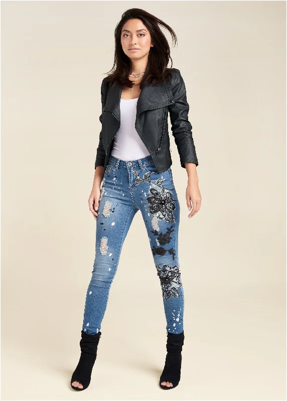 Floral Applique Skinny Jeans - Medium Wash French