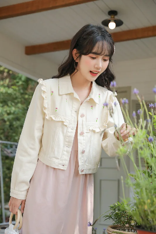 Budding Blossoms Cropped Jacket (White) Laid - back Women's Style