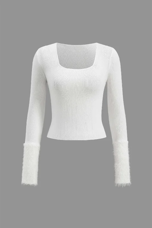 Faux Fur Patchwork Long-Sleeve Top Sleek Women's Metallic
