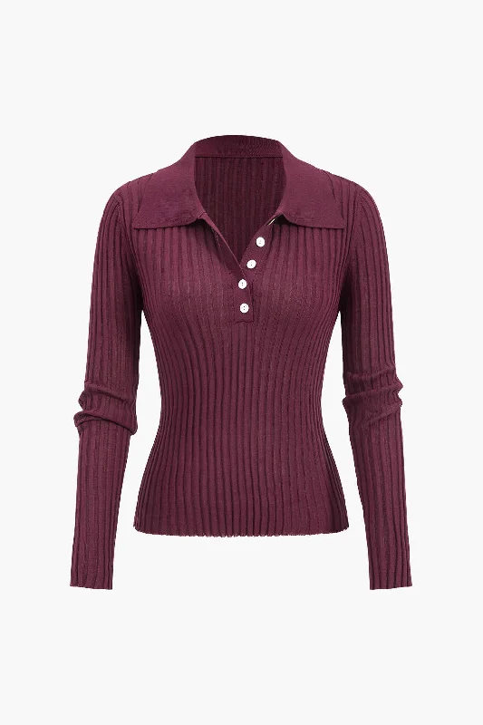 Ribbed Button Long-Sleeve Top Monochromatic All - in - one