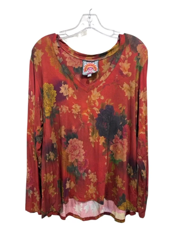 Johnny Was Size XL Red, Black, Green Viscose Blend Long Sleeve Floral V Neck Top Unique Women's Upcycled